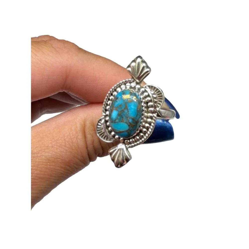 Kingman Copper Turquoise Ring Solid 925 Sterling Silver Adjustable Size 7 - 9